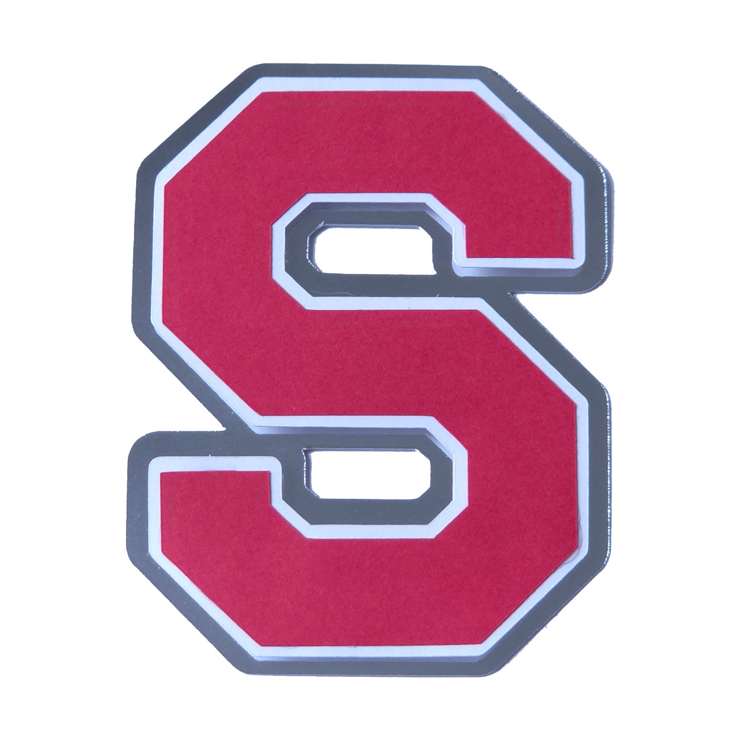 Red, white, and silver foil layered cardstock letter 'S' cutout in a classic varsity block font for homecoming mums and graduation leis.