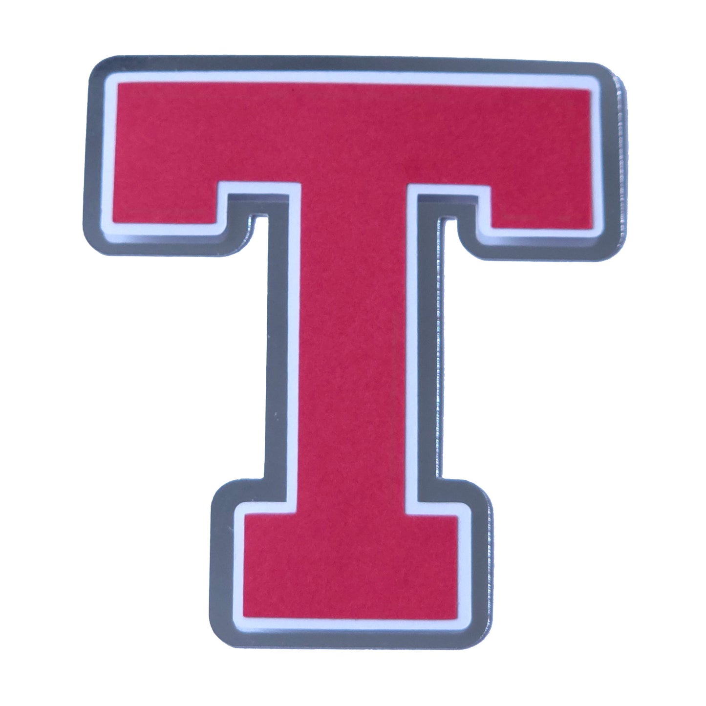 Red, white, and silver foil layered cardstock letter 'T' cutout in a classic varsity block font for homecoming mums and graduation leis.