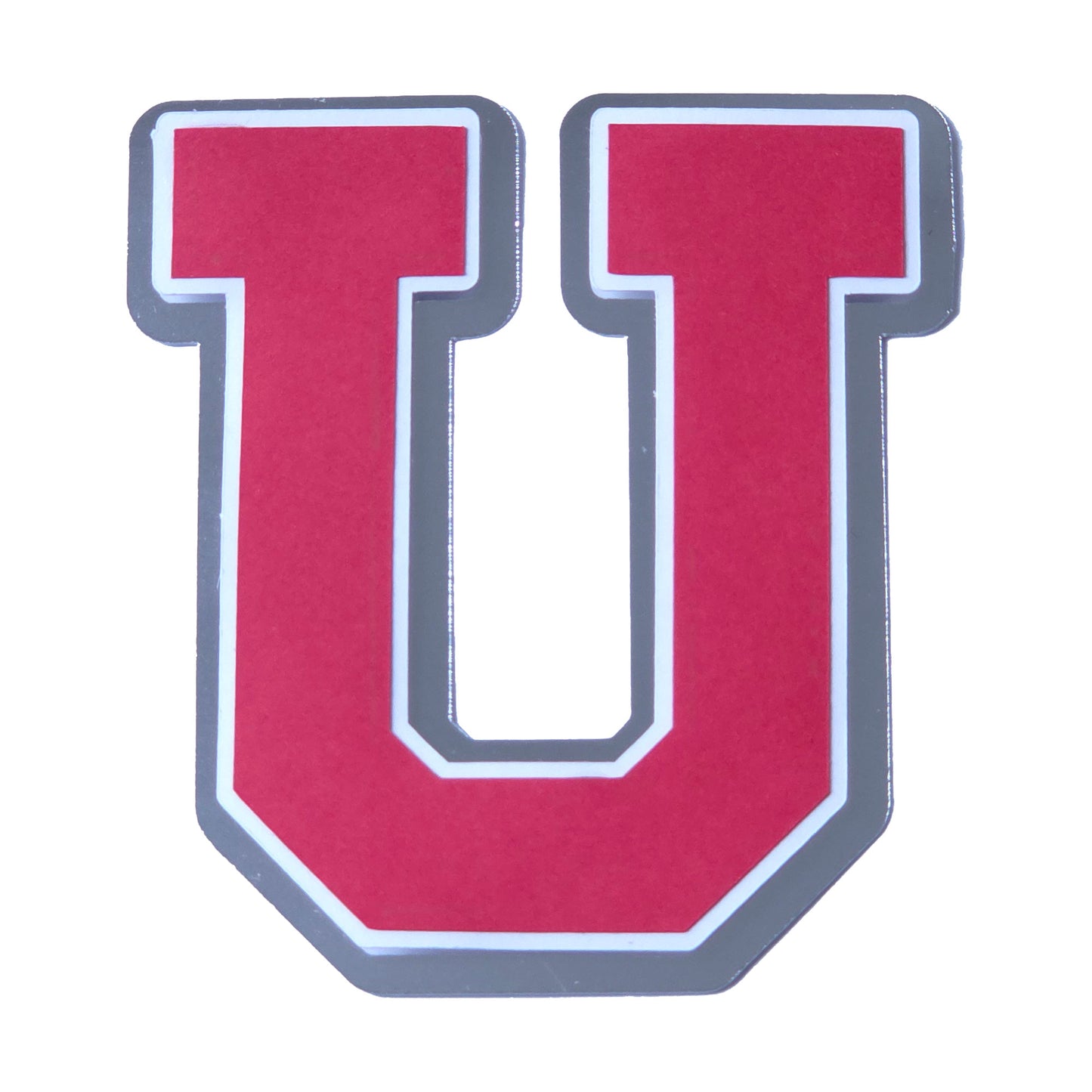Red, white, and silver foil layered cardstock letter 'U' cutout in a classic varsity block font for homecoming mums and graduation leis.