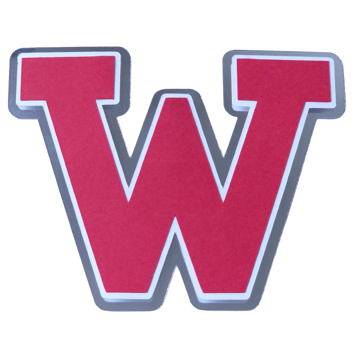 Red, white, and silver foil layered cardstock letter 'W' cutout in a classic varsity block font for homecoming mums and graduation leis.