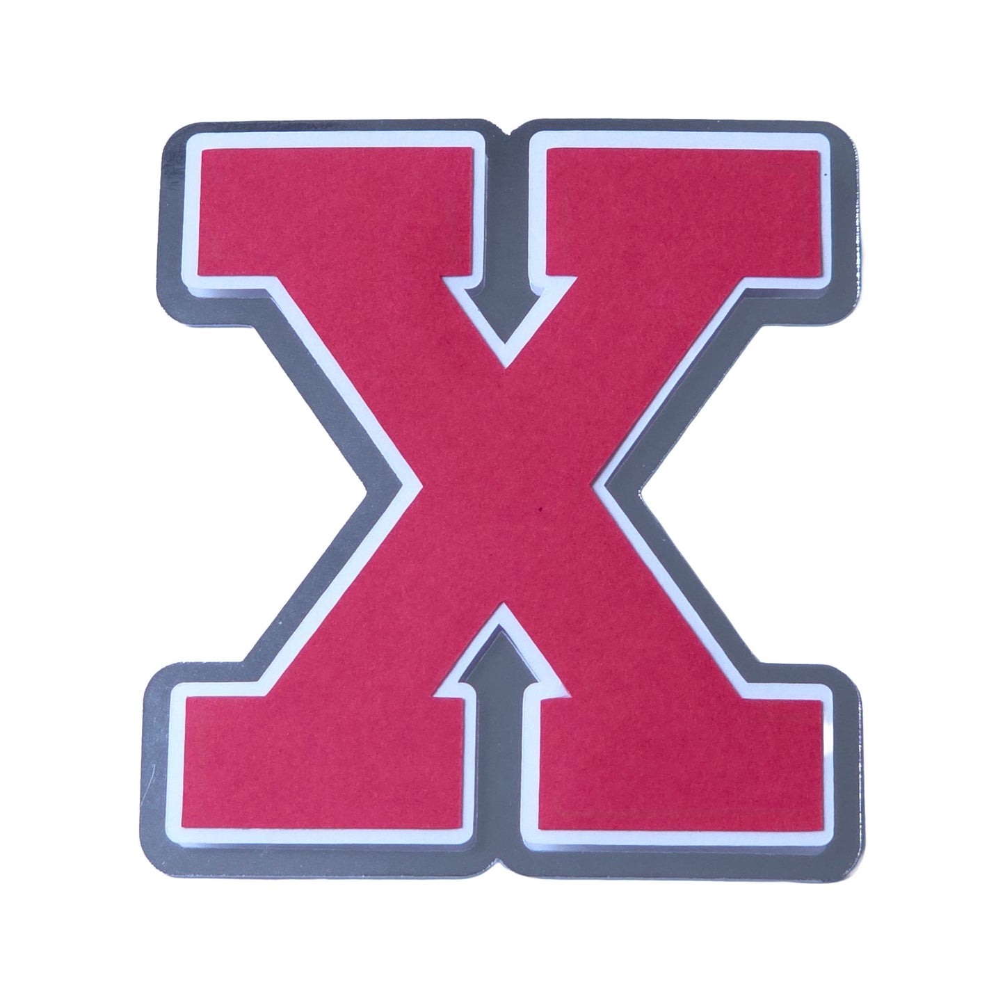 Red, white, and silver foil layered cardstock letter 'X' cutout in a classic varsity block font for homecoming mums and graduation leis.