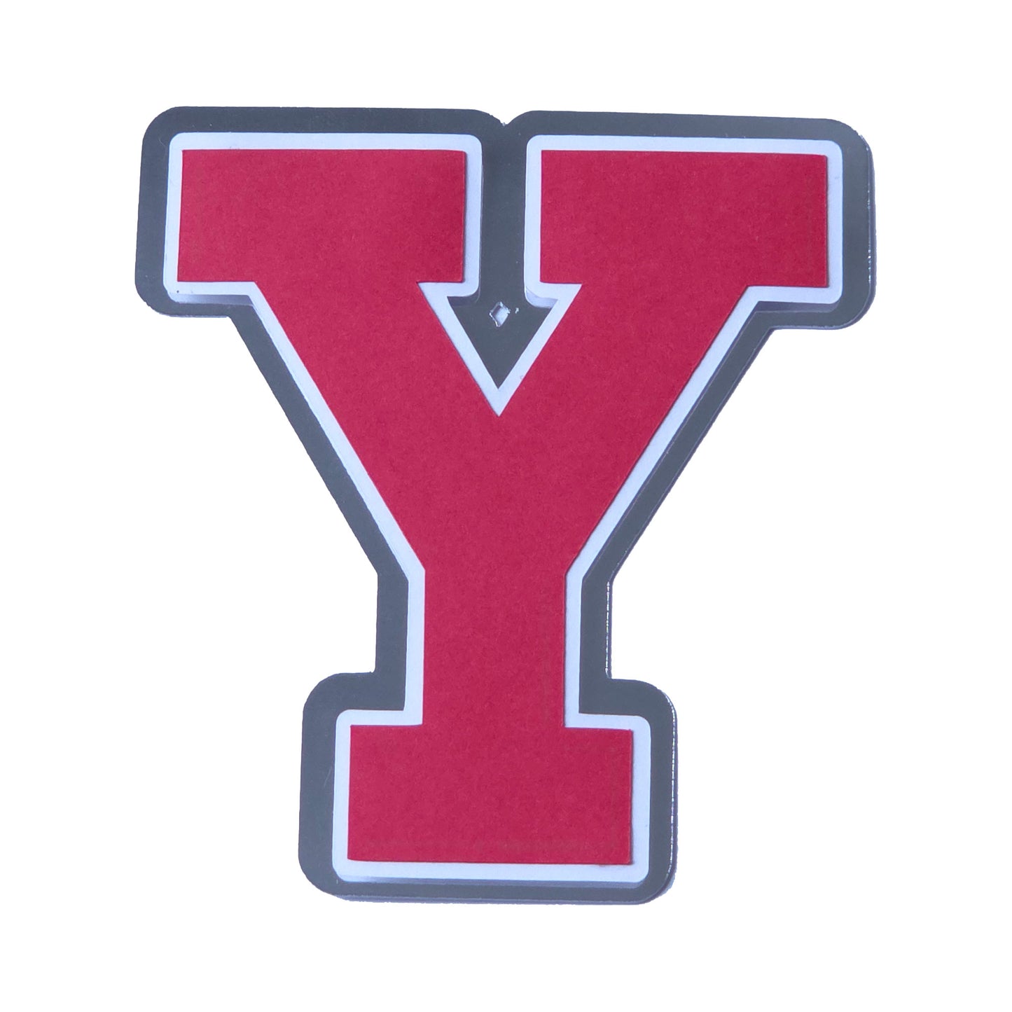 Red, white, and silver foil layered cardstock letter 'Y' cutout in a classic varsity block font for homecoming mums and graduation leis.