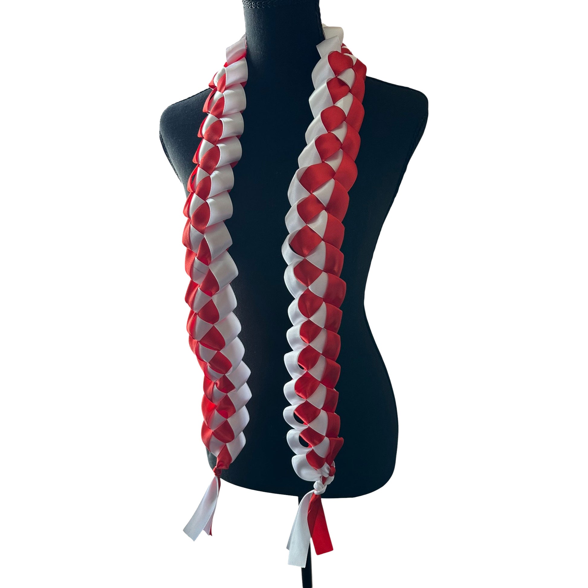Handwoven red and white satin ribbon graduation lei with single military braid texture on mannequin.
