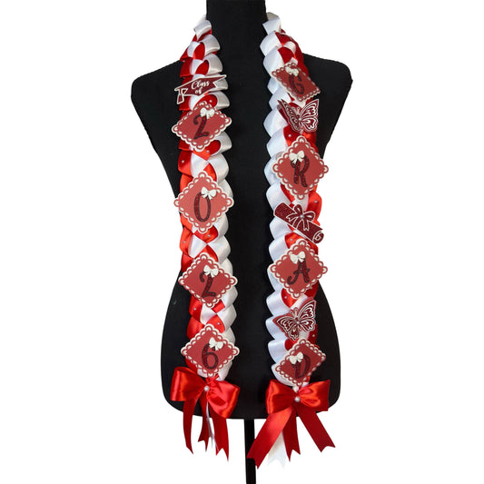 Full view of a Red and White Single Military Braid Graduation Lei for the Class of 2026, featuring satin ribbon bows, glitter butterfly embellishments, and a diploma charm.