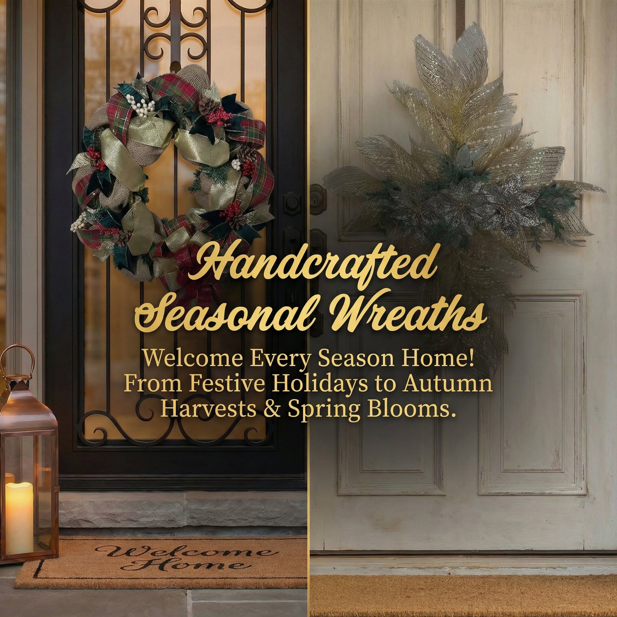 A split-screen hero image for Mums and Garters featuring two handcrafted wreaths on elegant front doors. The left side shows a traditional burlap and plaid wreath with red berries on a dark wrought-iron door, accented by a glowing copper lantern and a "Welcome Home" mat. The right side features a unique silver and gold cross-shaped wreath with shimmering poinsettias on a rustic cream-colored door. Gold text overlaid in the center reads "Handcrafted Seasonal Wreaths" with the subheading "Welcome Every Season