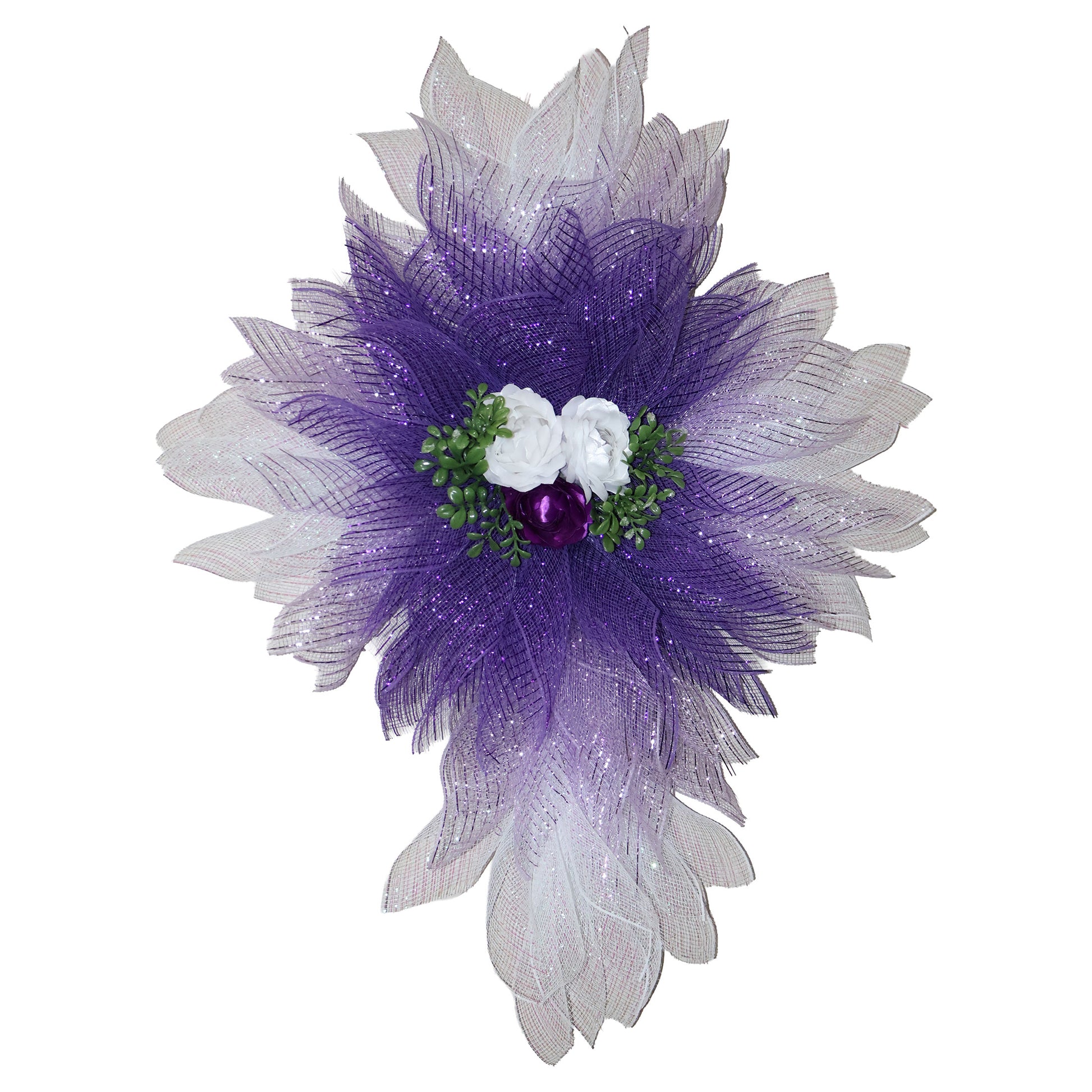 32-inch tri-color purple and white deco mesh cross wreath with three handmade satin flowers on a white door.